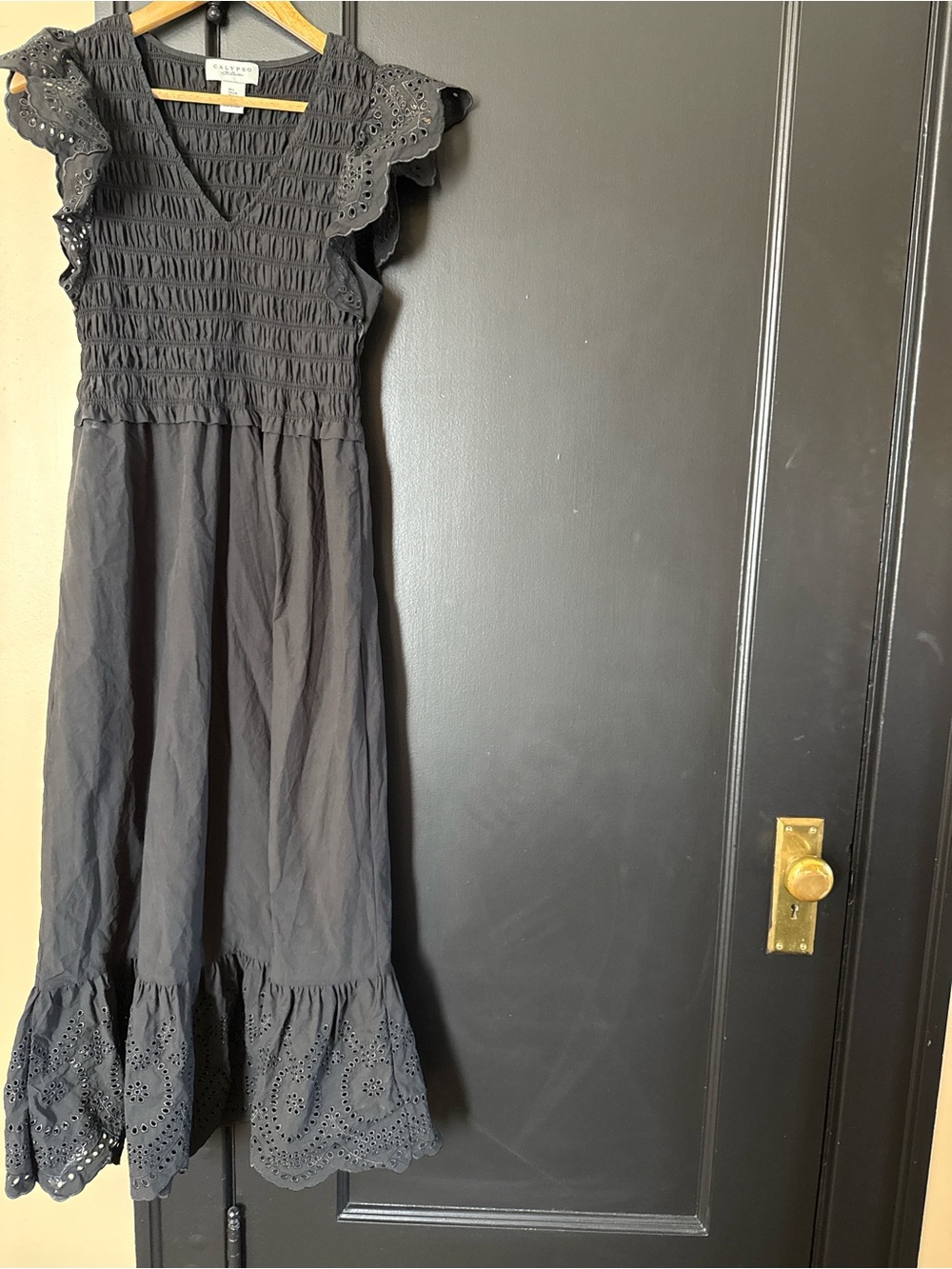 Calypso St. Barth Black Eyelet-Sleeve Smocked Maxi Dress